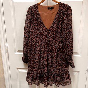 Lulus Small Leopard Print Tiered Romantic Coquette Baby Doll Dress Long Sleeve